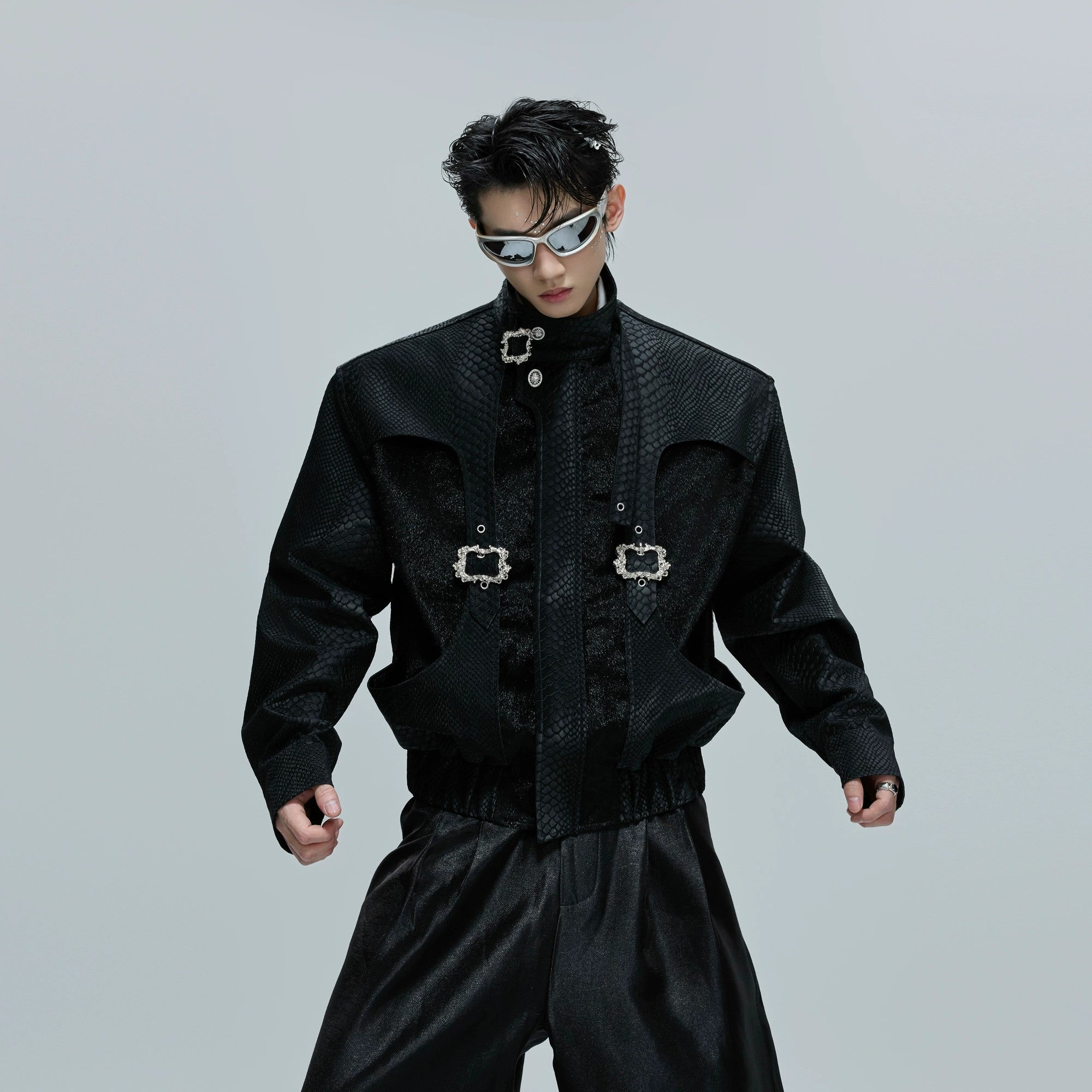 Black faux crocodile leather jacket in a loose cropped fit