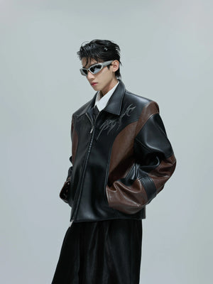 Croc-Embossed Faux Leather Jacket in Black and Brown - main image 3