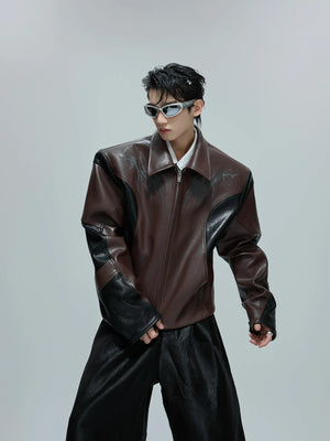 Croc-Embossed Faux Leather Jacket in Black and Brown - Brown
