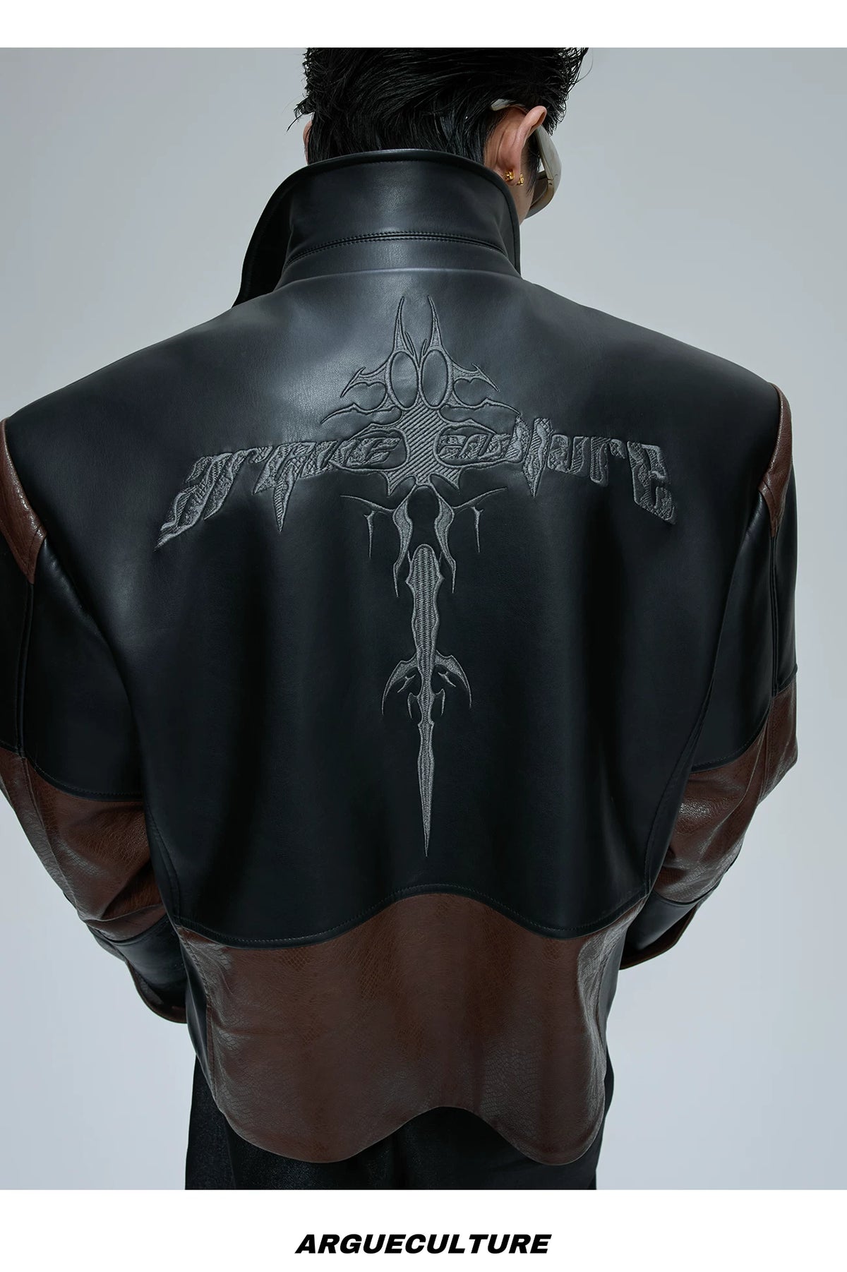 Croc-Embossed Faux Leather Jacket in Black and Brown - detail image 11