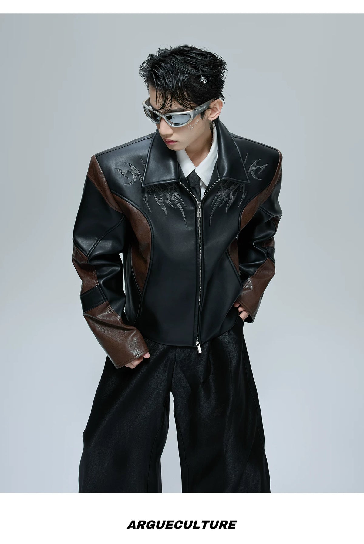 Croc-Embossed Faux Leather Jacket in Black and Brown - detail image 8