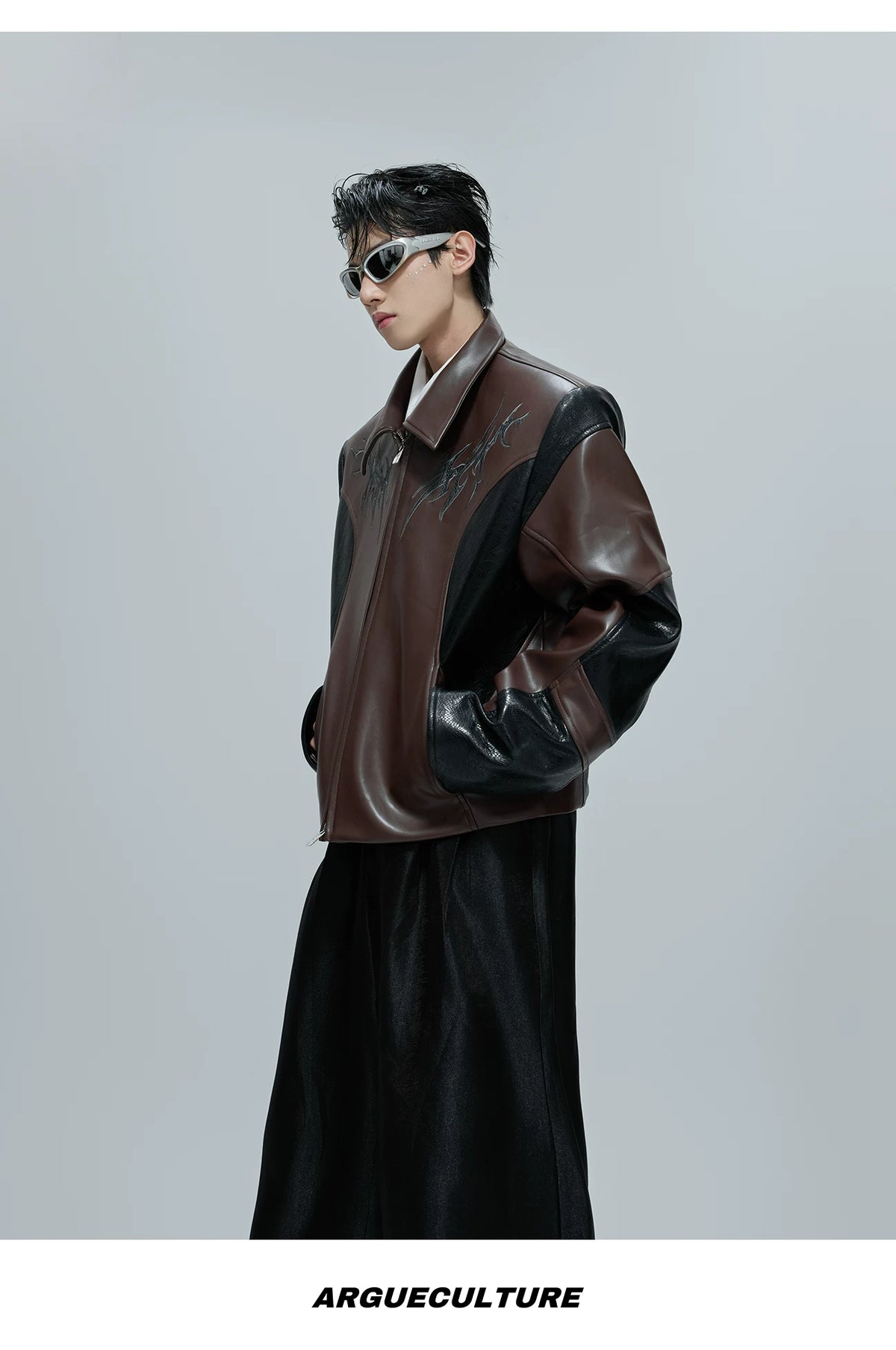 Croc-Embossed Faux Leather Jacket in Black and Brown - detail image 13