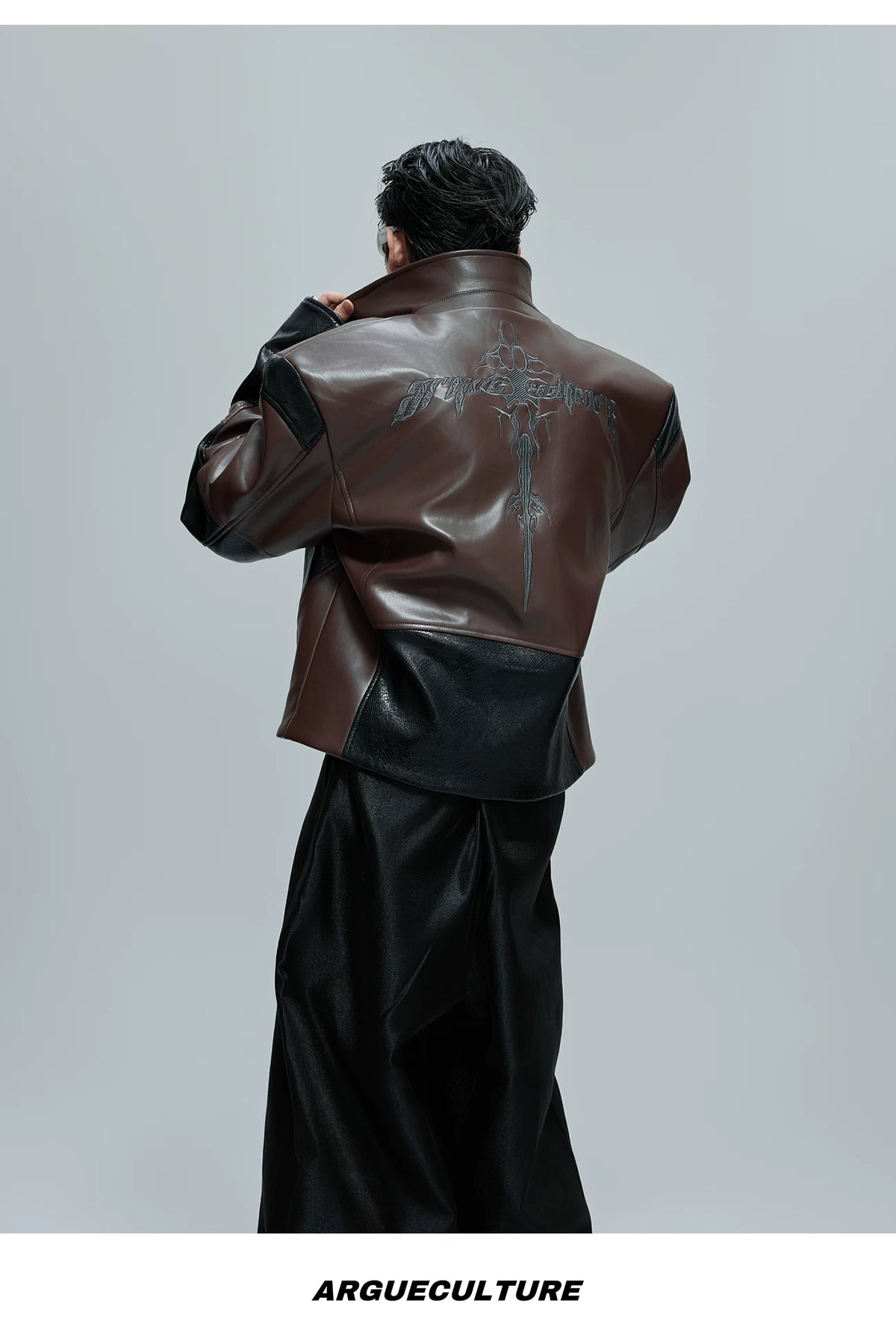 Croc-Embossed Faux Leather Jacket in Black and Brown - detail image 14