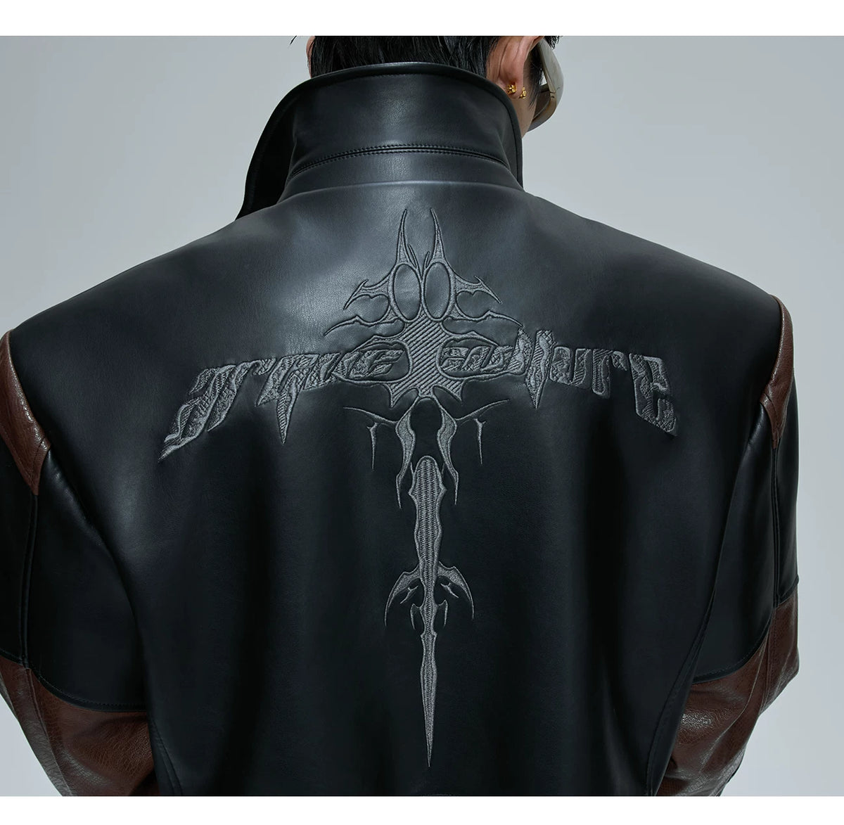 Croc-Embossed Faux Leather Jacket in Black and Brown - detail image 7