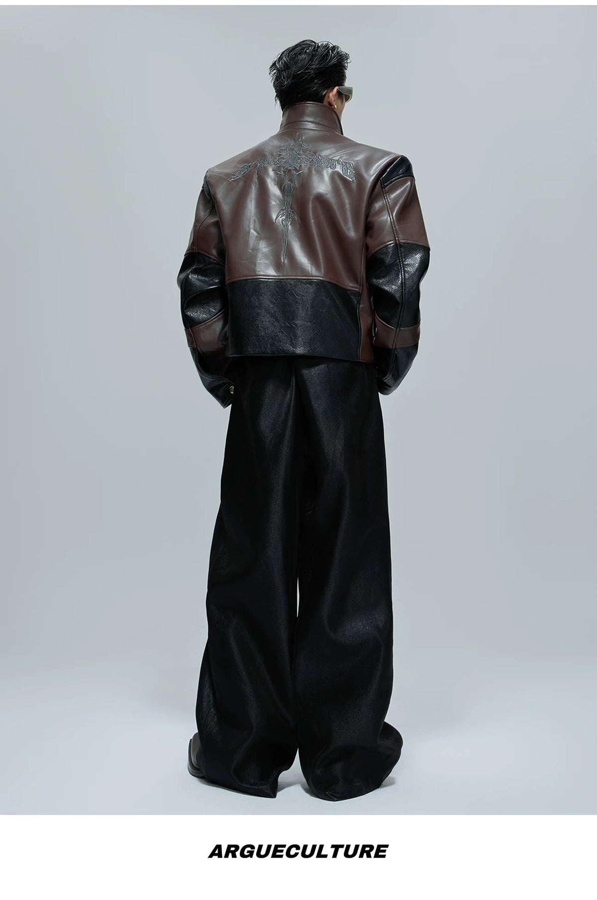 Croc-Embossed Faux Leather Jacket in Black and Brown - detail image 16