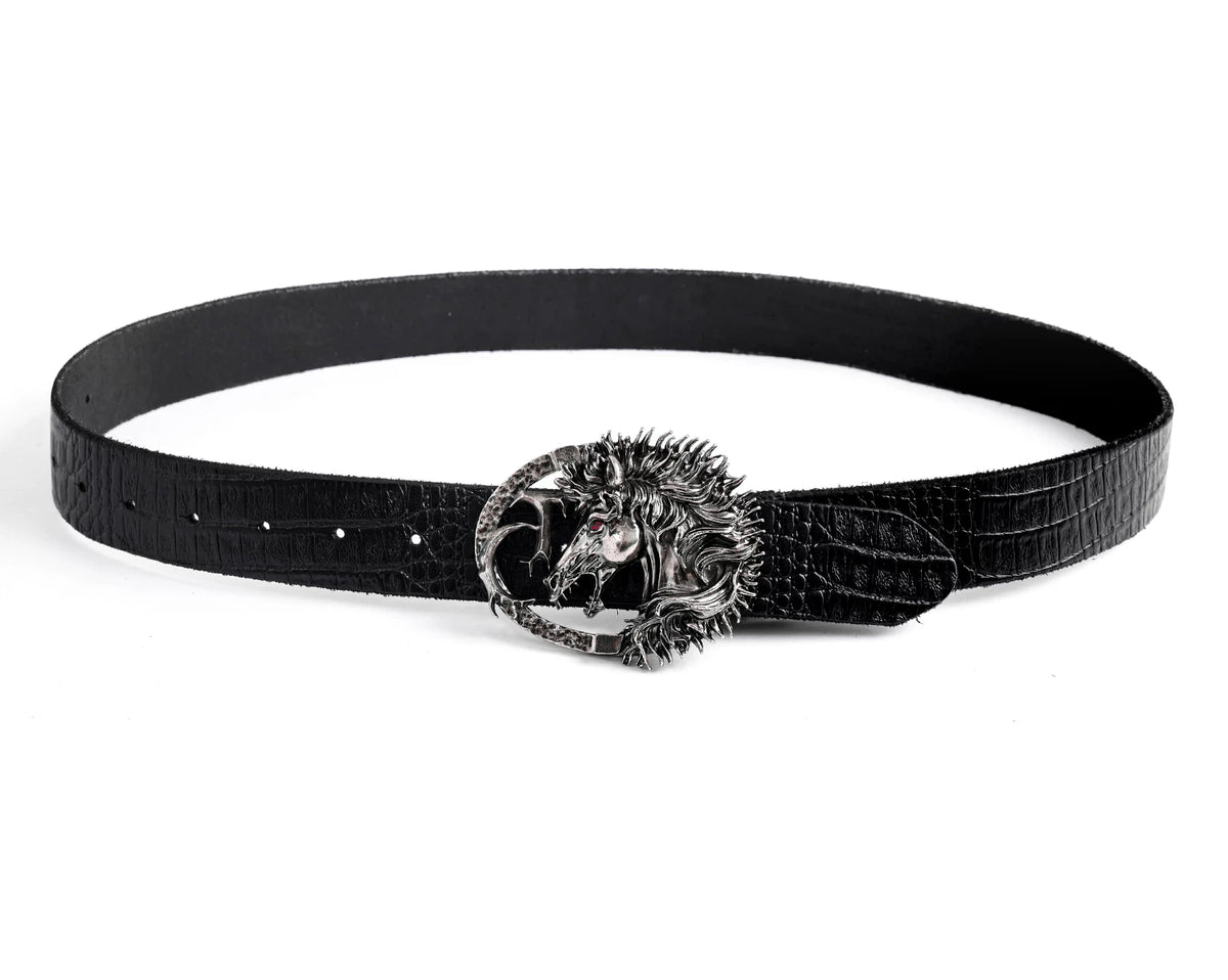 Croc-Embossed Horsehead Leather Belt with Studs - detail image 12