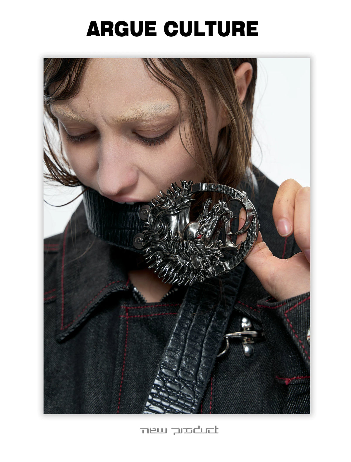 Croc-Embossed Horsehead Leather Belt with Studs - detail image 11