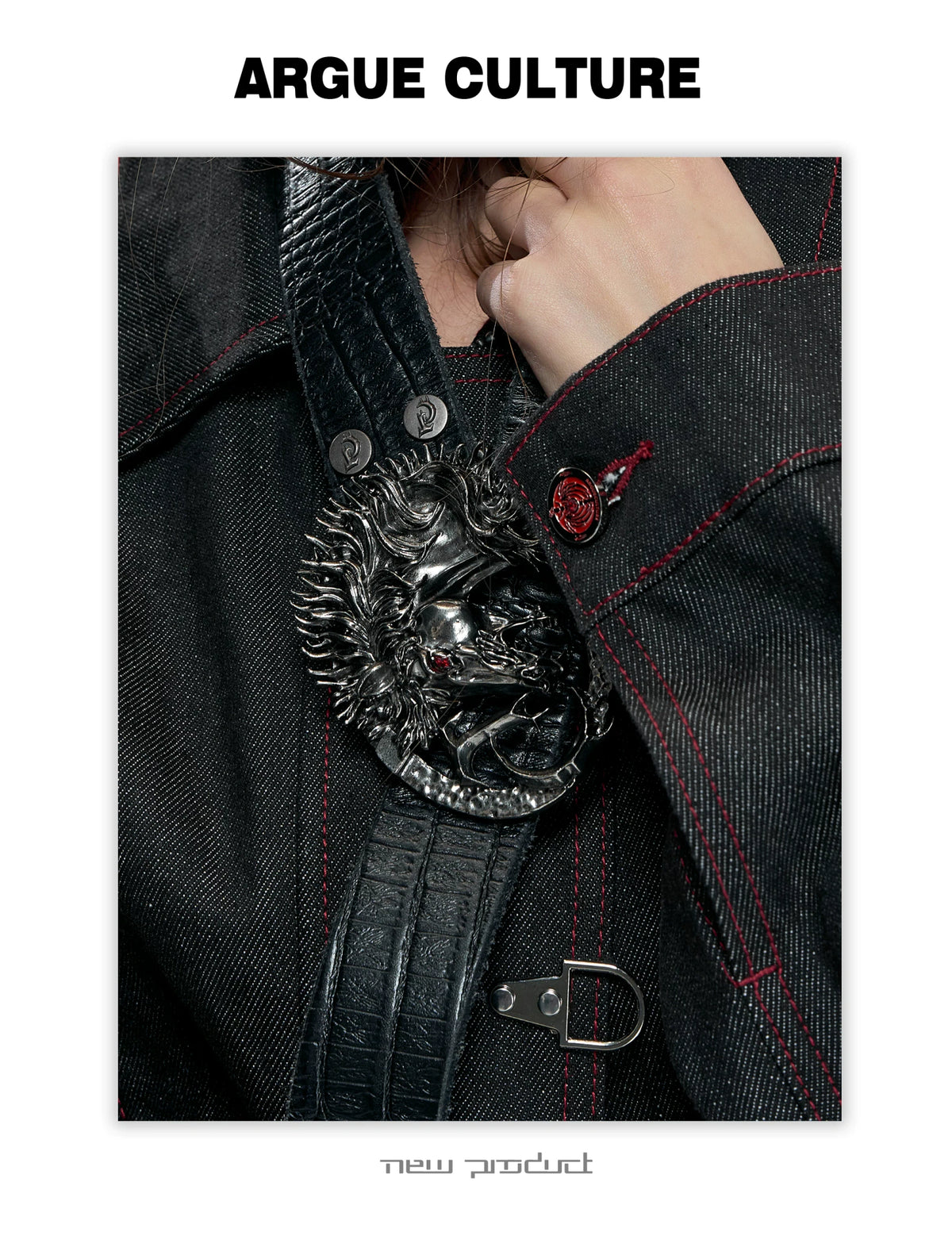Croc-Embossed Horsehead Leather Belt with Studs - detail image 3