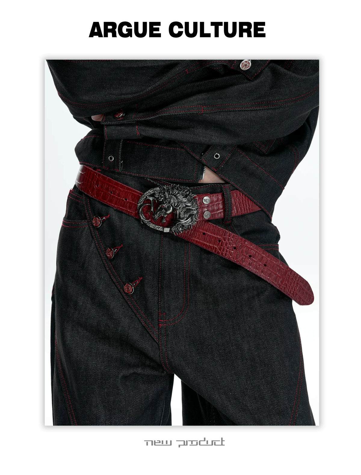 Croc-Embossed Horsehead Leather Belt with Studs - detail image 2