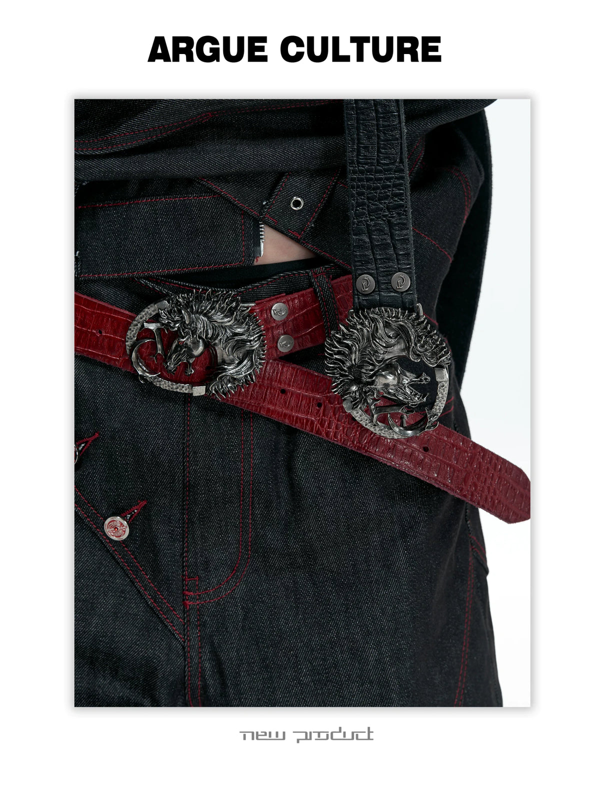Croc-Embossed Horsehead Leather Belt with Studs - detail image 4