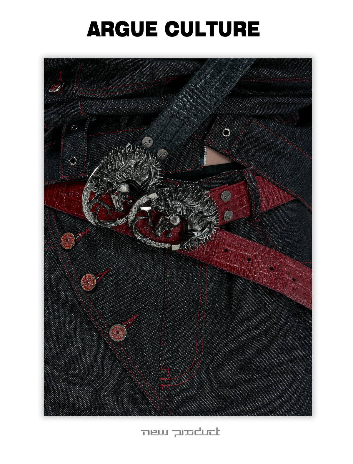 Croc-Embossed Horsehead Leather Belt with Studs - detail image 5