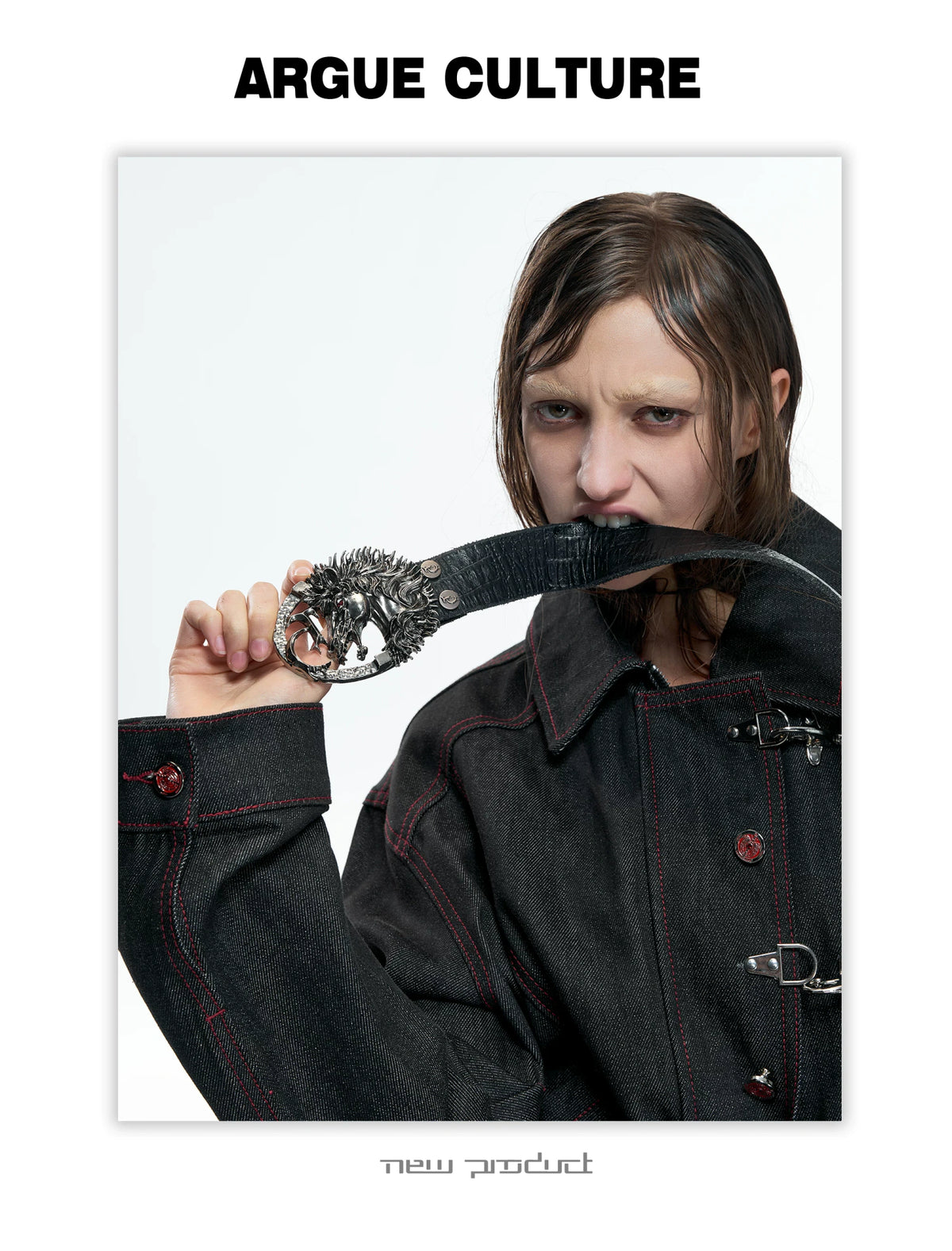 Croc-Embossed Horsehead Leather Belt with Studs - detail image 9
