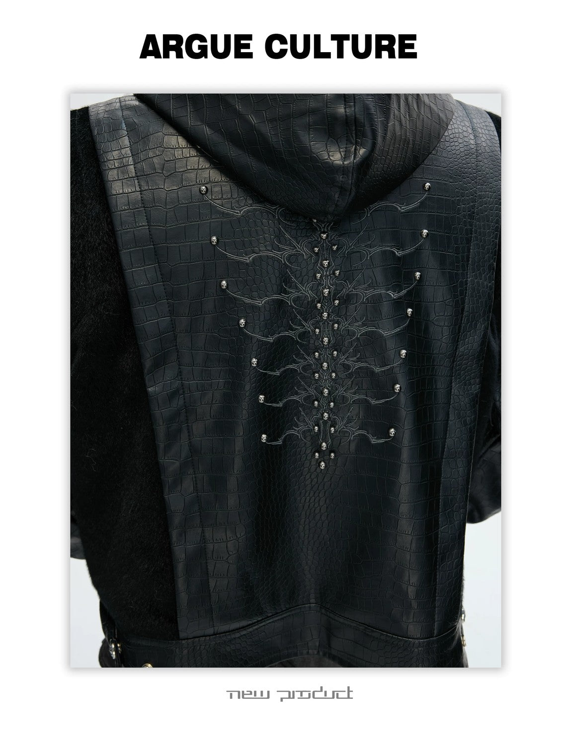 desc::croc-embossed-pony-hair-hooded-gothic-jacket-detail-img-10