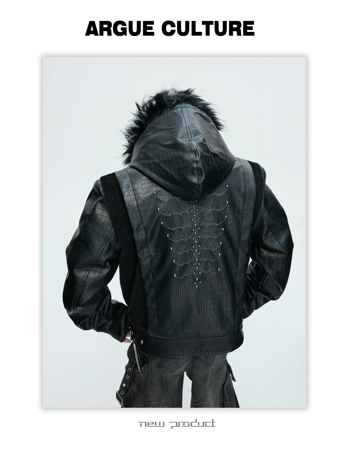 desc::croc-embossed-pony-hair-hooded-gothic-jacket-detail-img-11