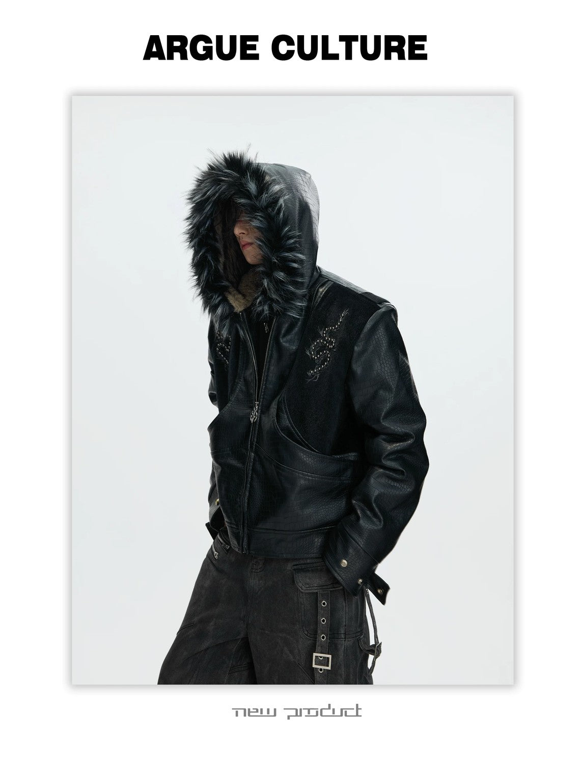desc::croc-embossed-pony-hair-hooded-gothic-jacket-detail-img-17
