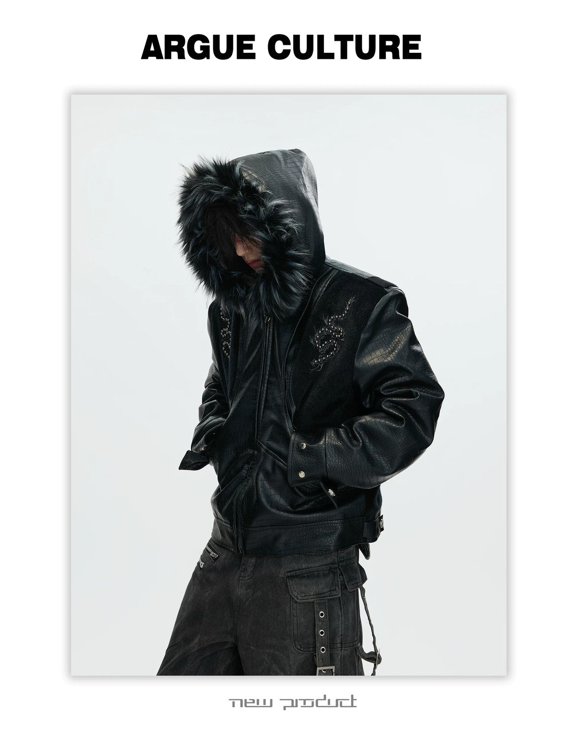 desc::croc-embossed-pony-hair-hooded-gothic-jacket-detail-img-19