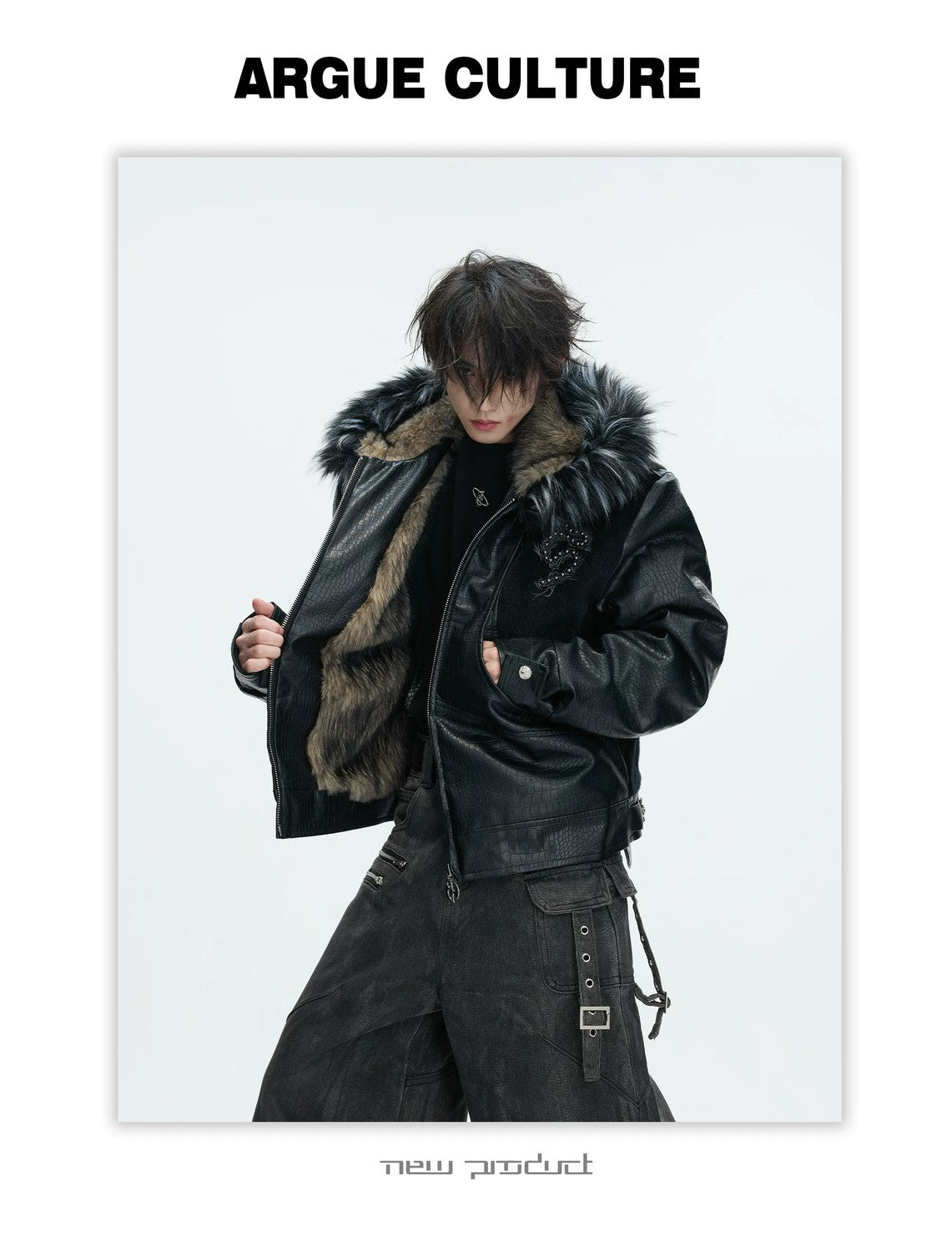 desc::croc-embossed-pony-hair-hooded-gothic-jacket-detail-img-5