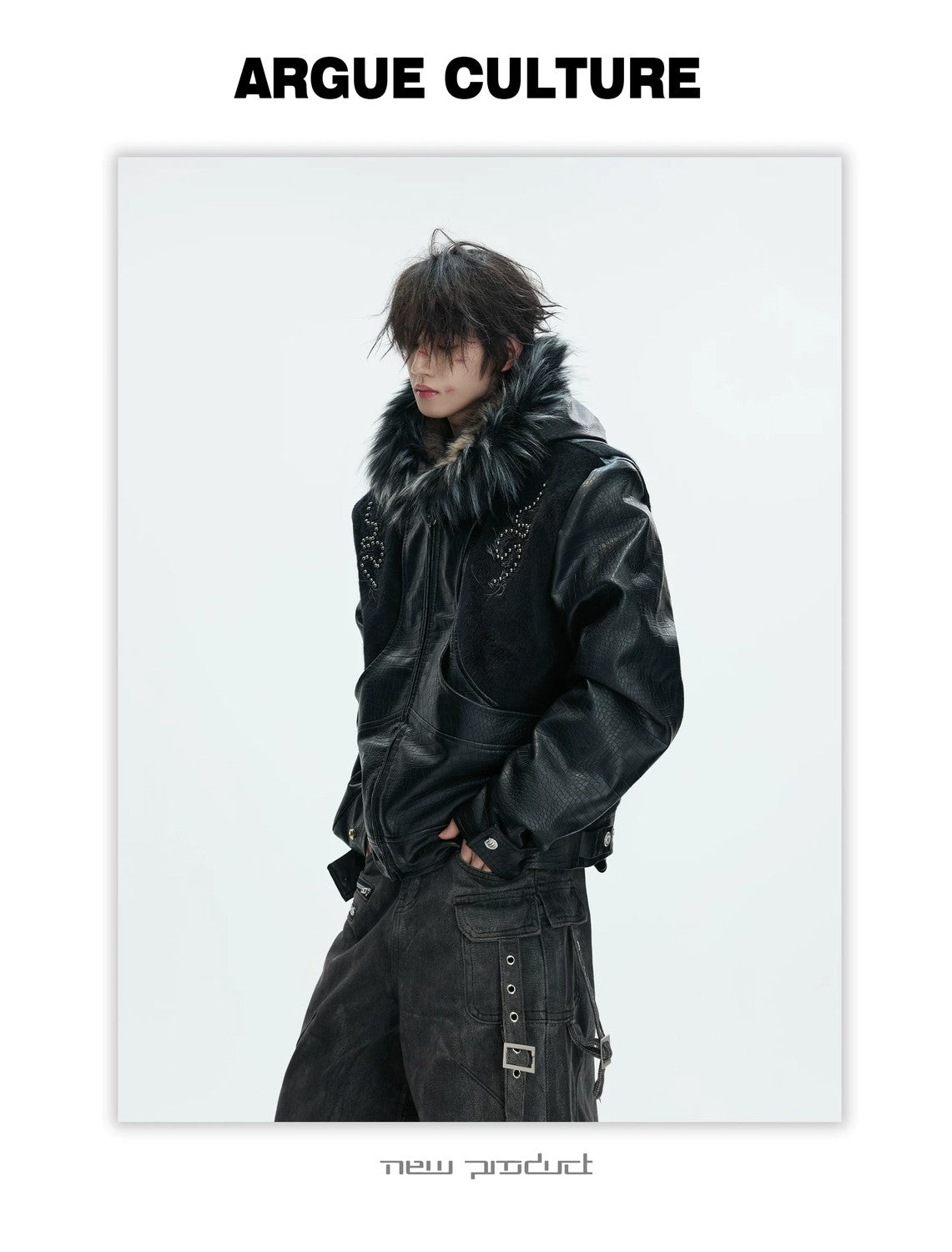 desc::croc-embossed-pony-hair-hooded-gothic-jacket-detail-img-6