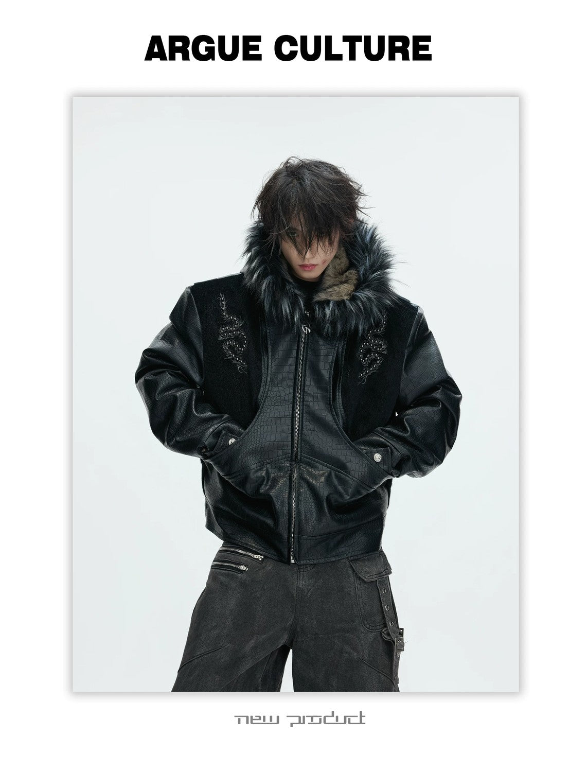 desc::croc-embossed-pony-hair-hooded-gothic-jacket-detail-img-7