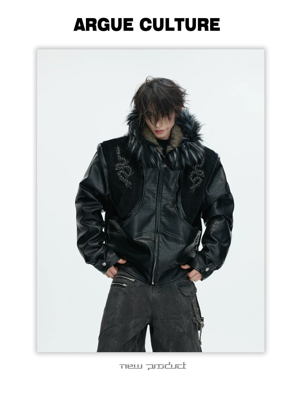 desc::croc-embossed-pony-hair-hooded-gothic-jacket-detail-img-8