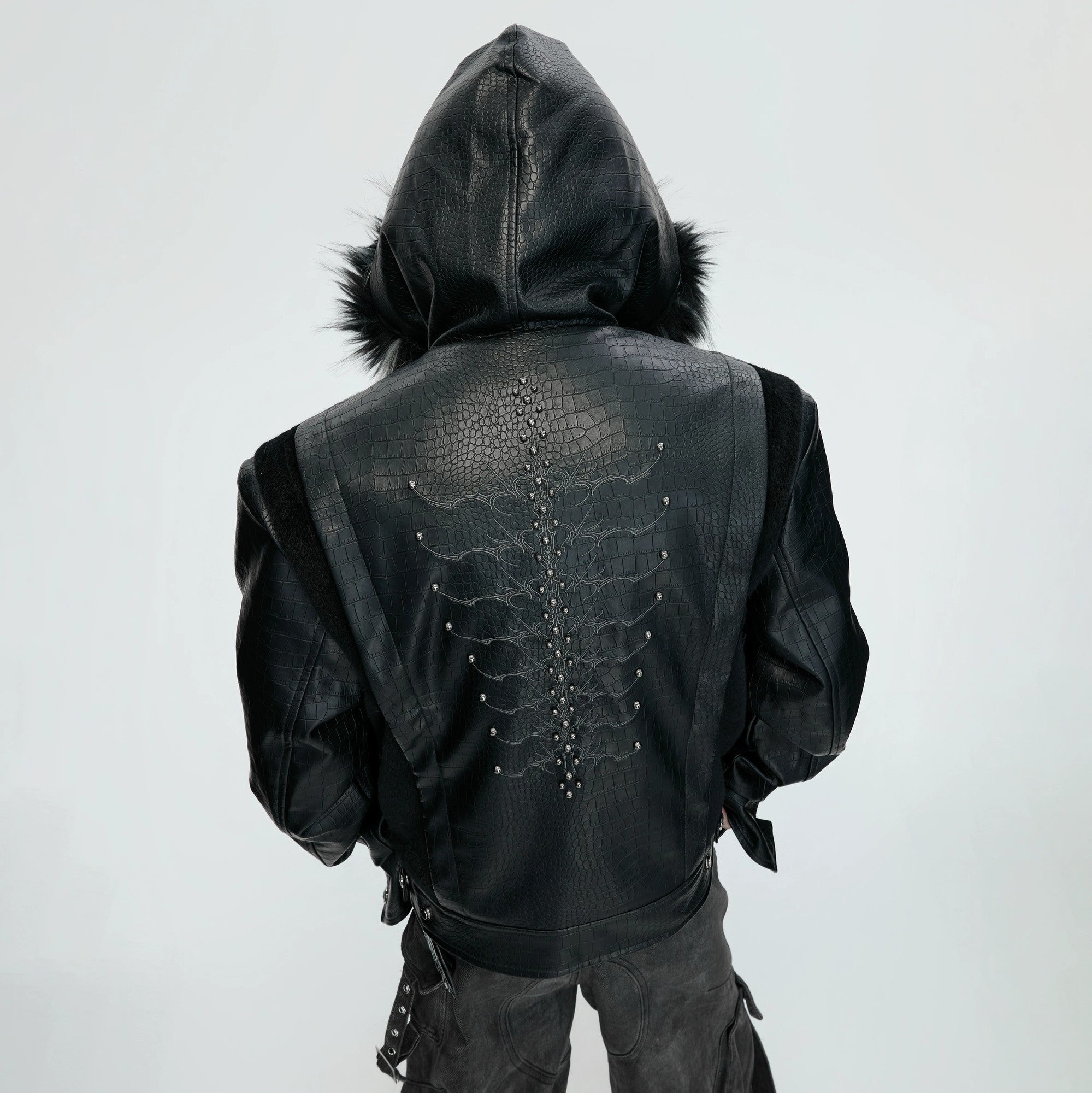 Black croc-embossed gothic hooded jacket front view