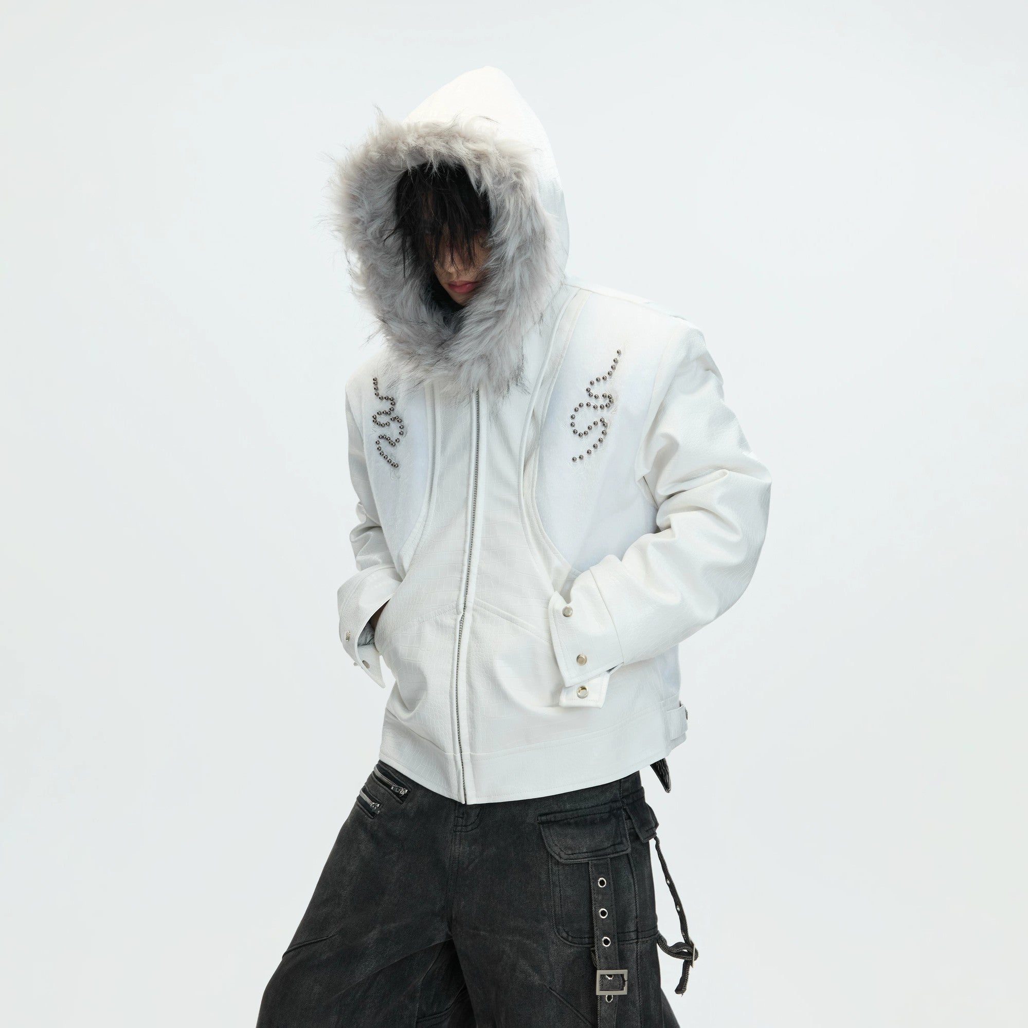 White pony hair splicing streetwear jacket back view