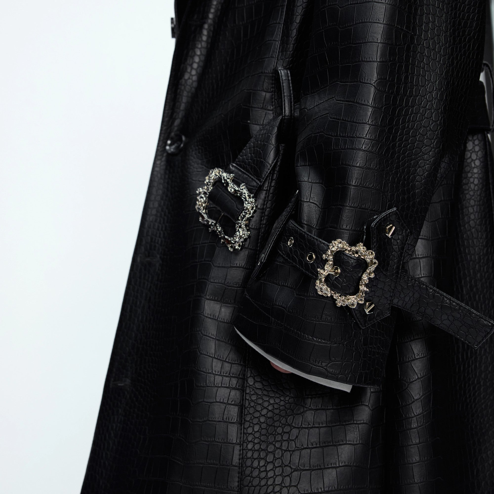 Full length shot of the long croc-embossed leather windbreaker