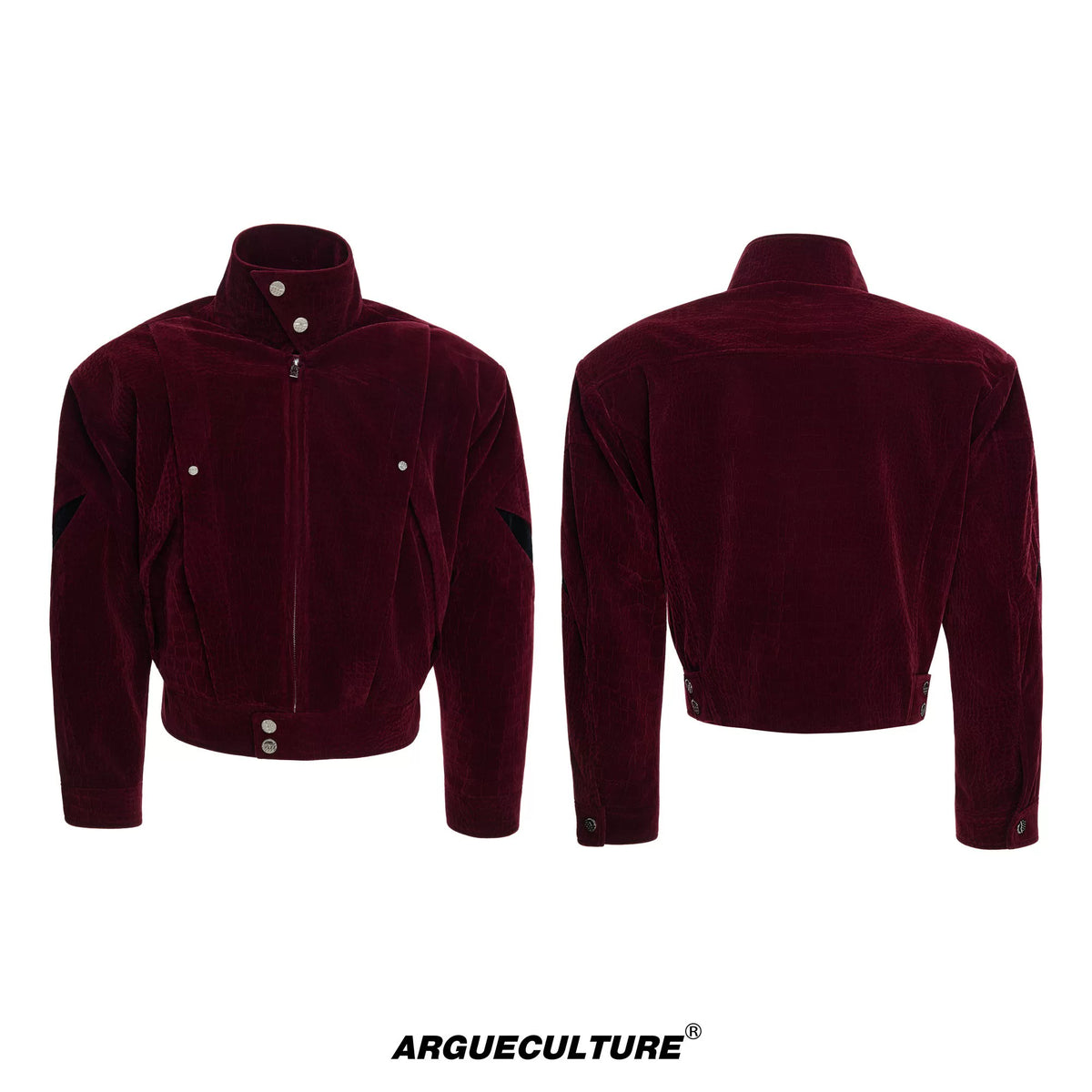 Crocodile-Embossed Cropped Contrast Zip Jacket - Red
