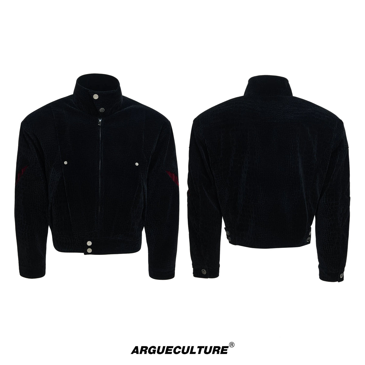 Crocodile-Embossed Cropped Contrast Zip Jacket - Black