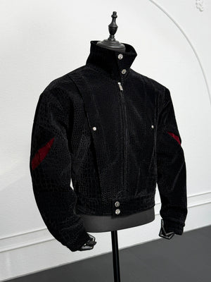 Crocodile-Embossed Cropped Contrast Zip Jacket - main image 4