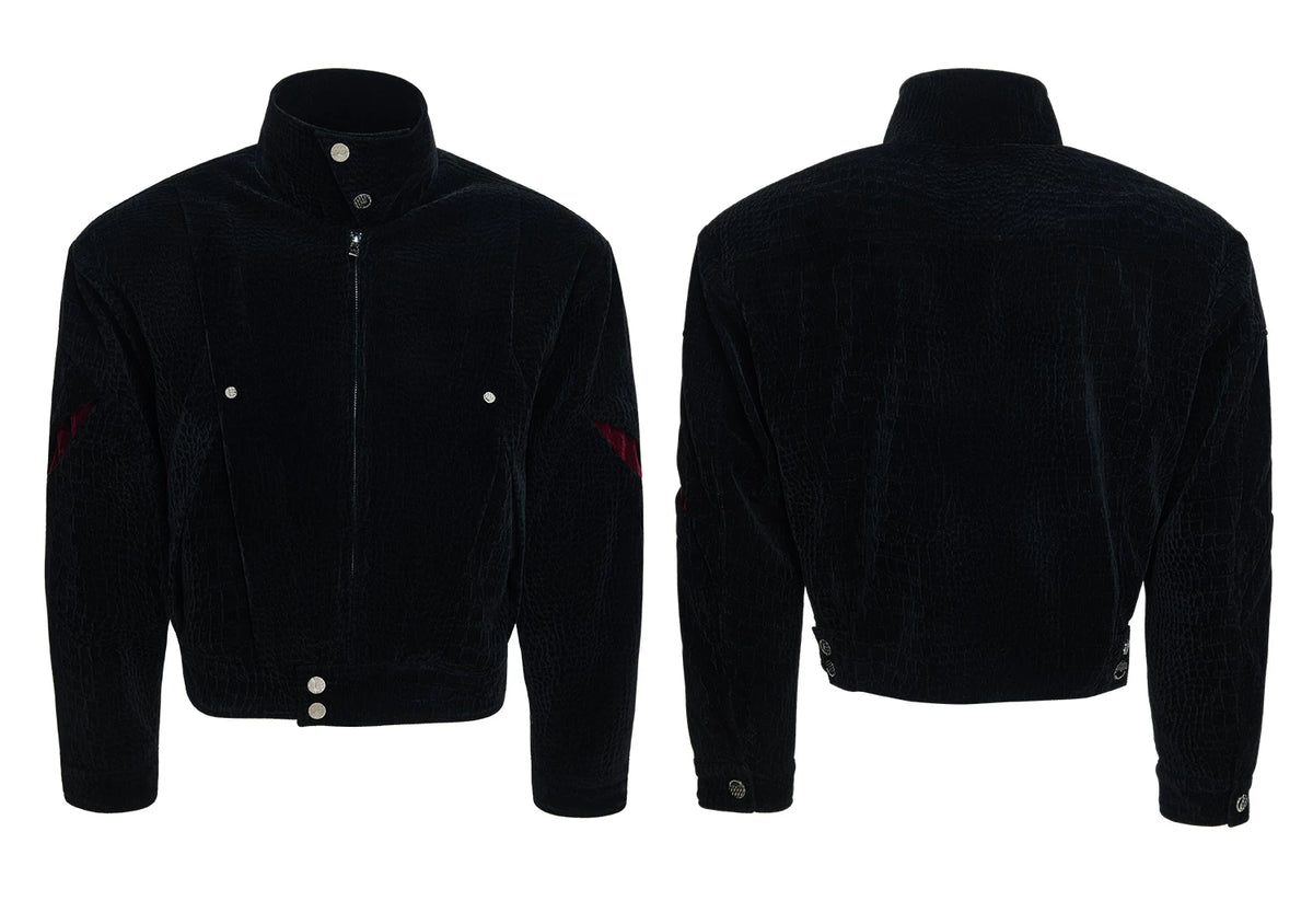 Crocodile-Embossed Cropped Contrast Zip Jacket - detail image 3