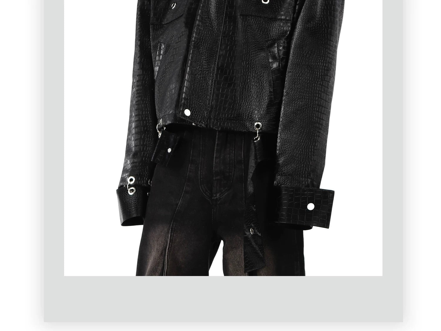 desc::crocodile-embossed-pu-leather-moto-jacket-spliced-design-detail-img-1