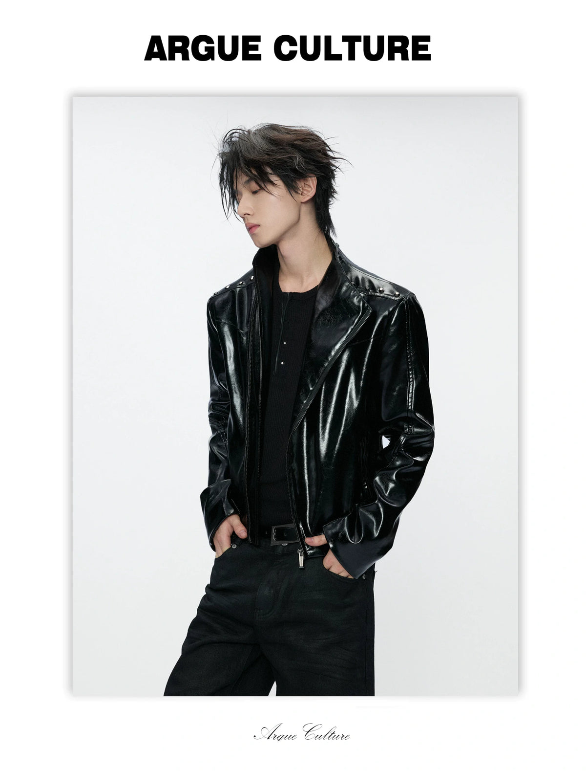 Cropped Croc-Embossed Faux Leather Moto Jacket - detail image 1