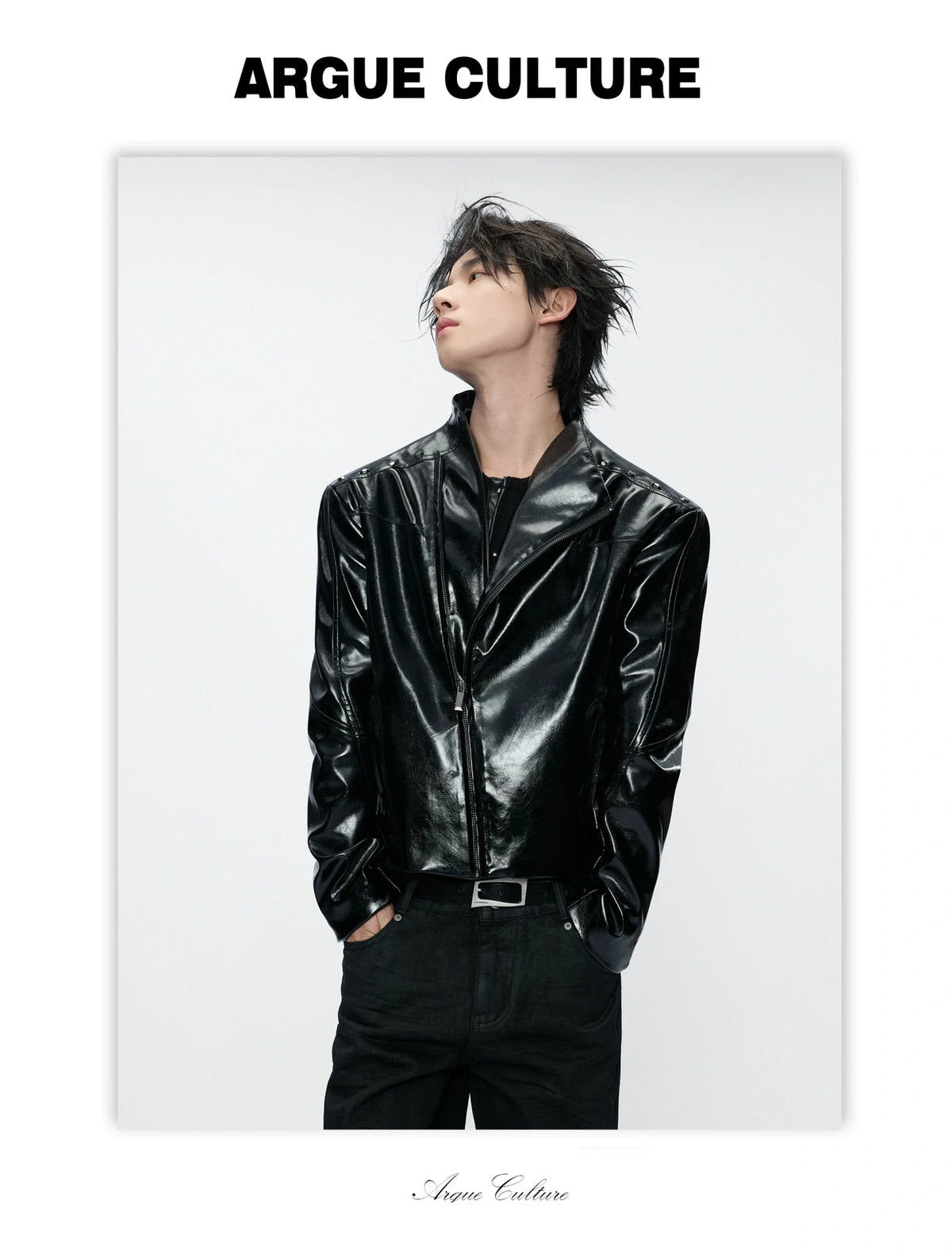 Cropped Croc-Embossed Faux Leather Moto Jacket - detail image 5