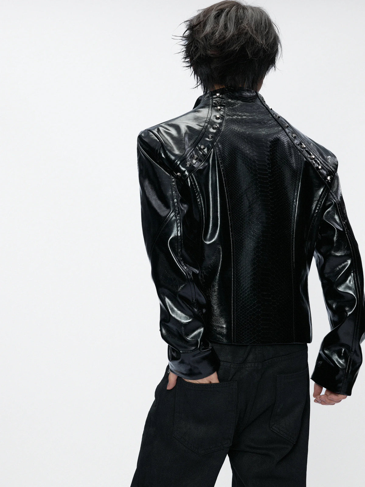 Cropped Croc-Embossed Faux Leather Moto Jacket - main image 4