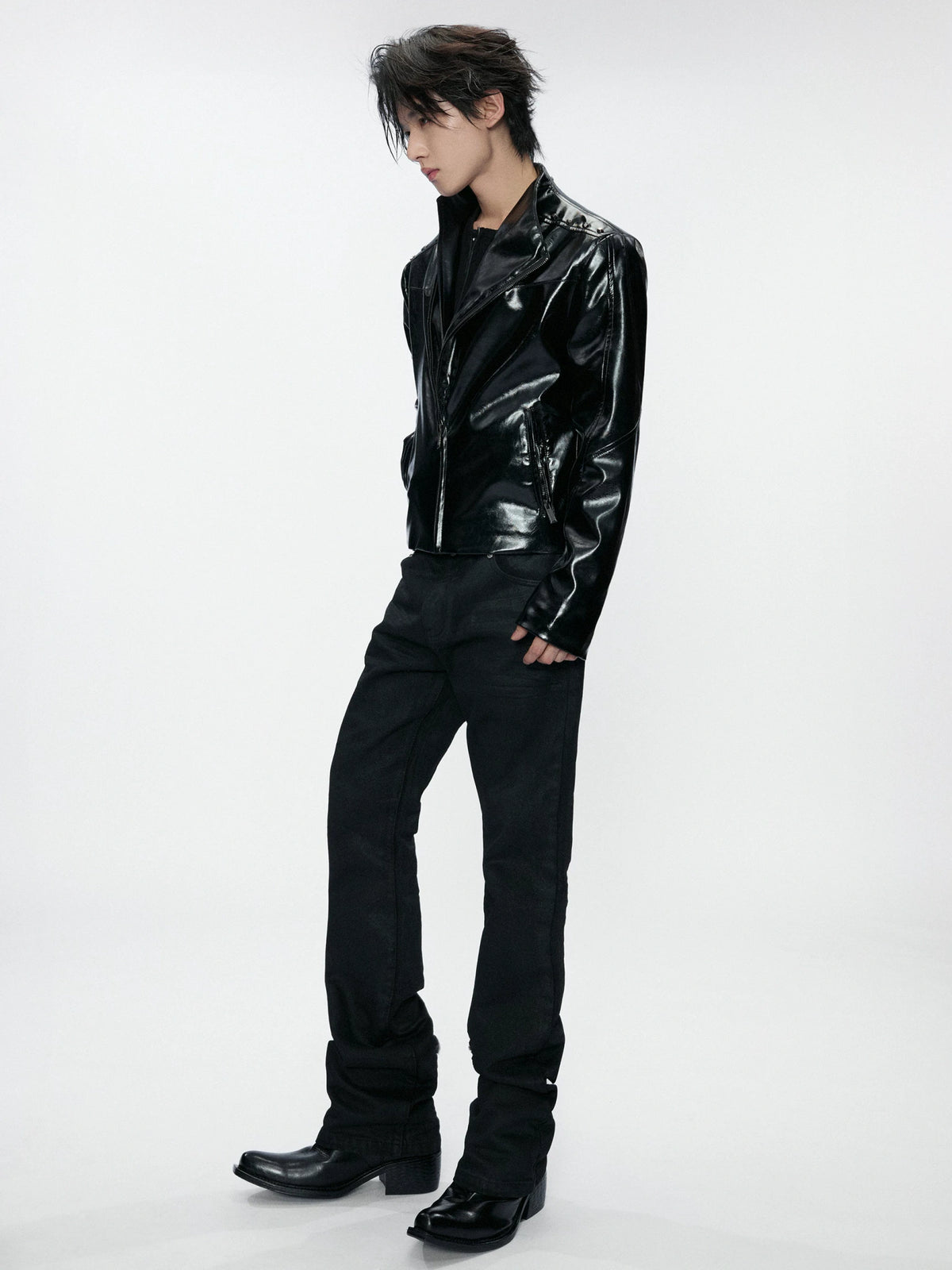 Cropped Croc-Embossed Faux Leather Moto Jacket - main image 3