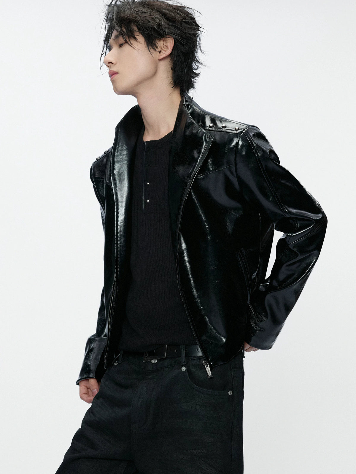 Cropped Croc-Embossed Faux Leather Moto Jacket - main image 2