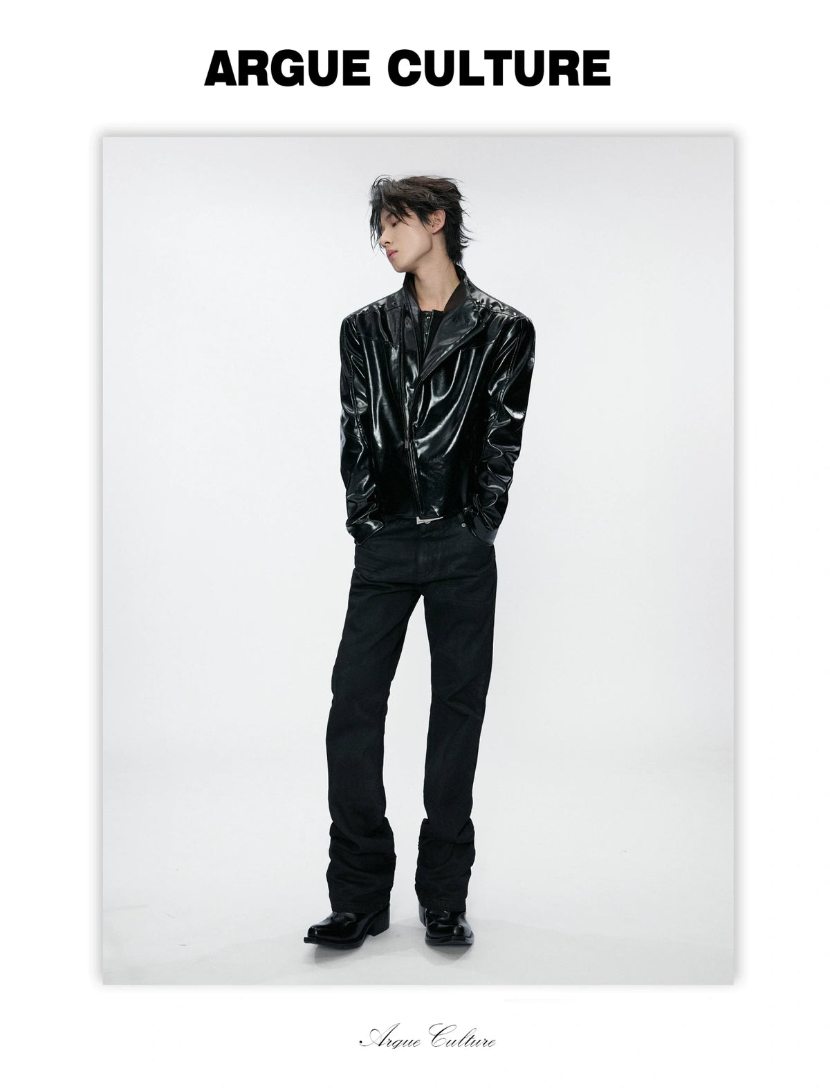 Cropped Croc-Embossed Faux Leather Moto Jacket - detail image 3