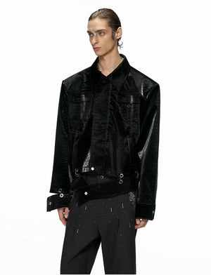 desc::cropped-croc-embossed-leather-jacket-with-metal-hardware-detail-img-4