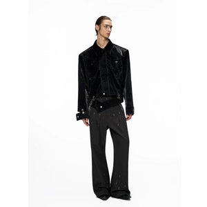 Model wearing cropped croc leather jacket with baggy pants
