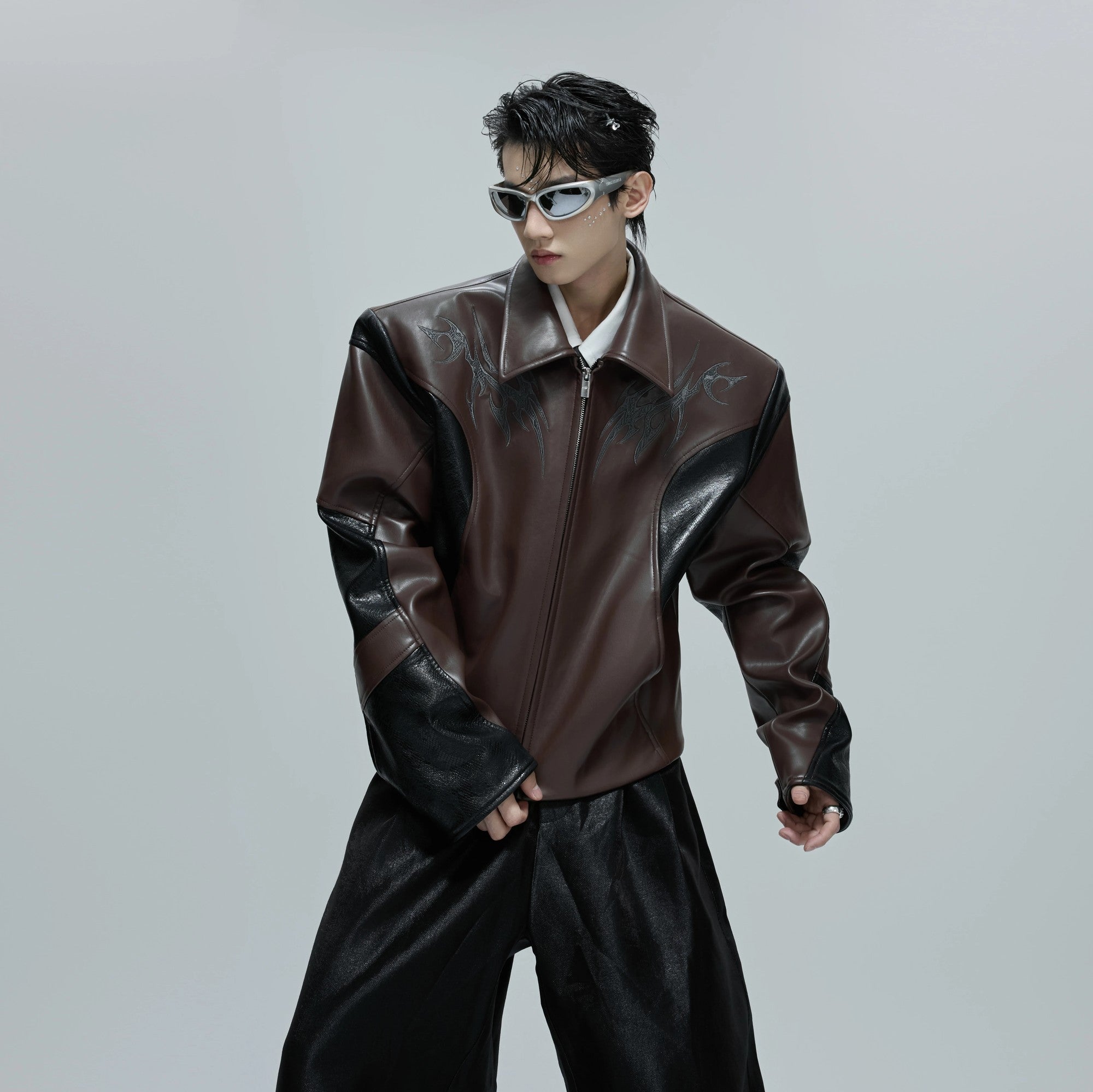 Brown crocodile embossed leather jacket streetwear fit