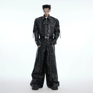 Boxy fit moto jacket with padded shoulders and shoulder streamers