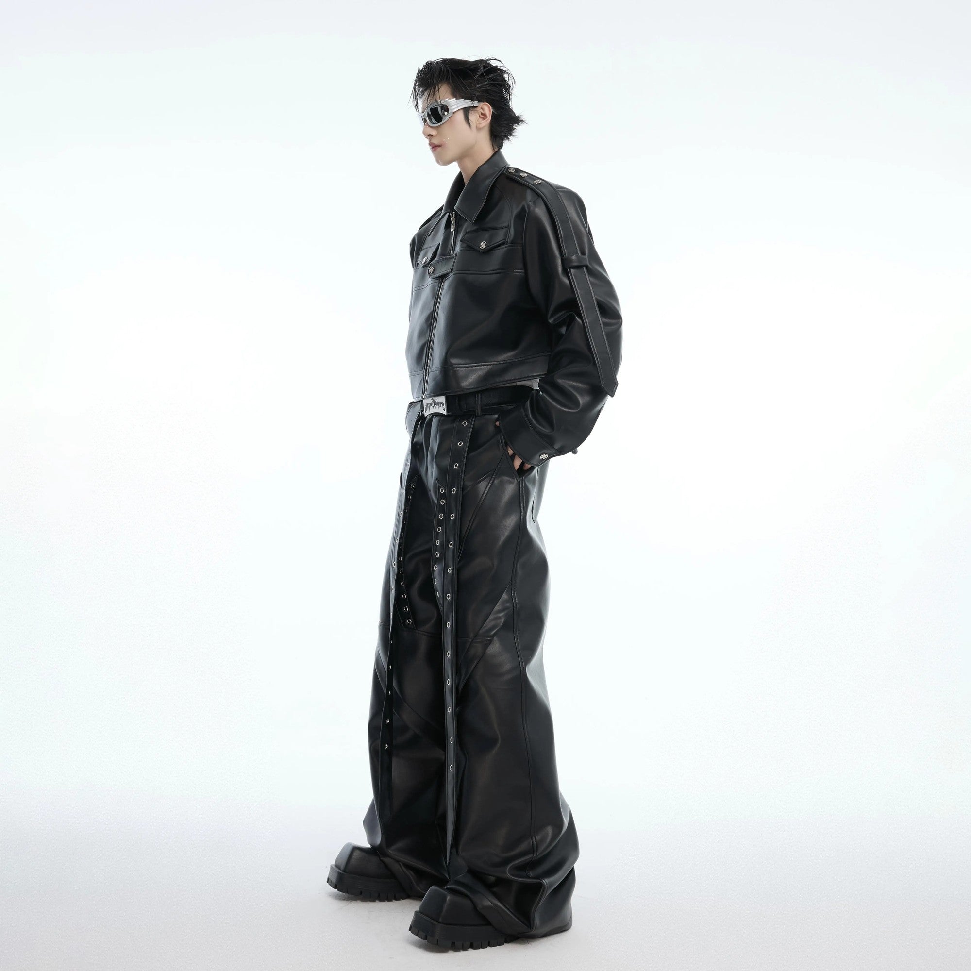 Full streetwear outfit featuring the cropped moto jacket and black denim