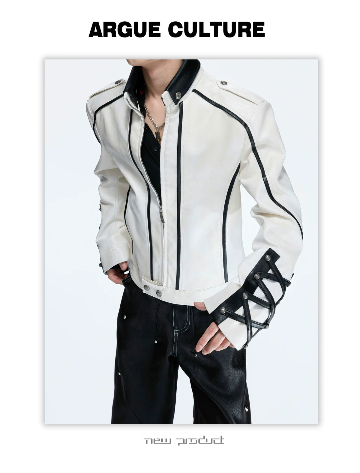 Cropped Faux-Leather Biker Jacket With Lace-Up Cuffs - detail image 12