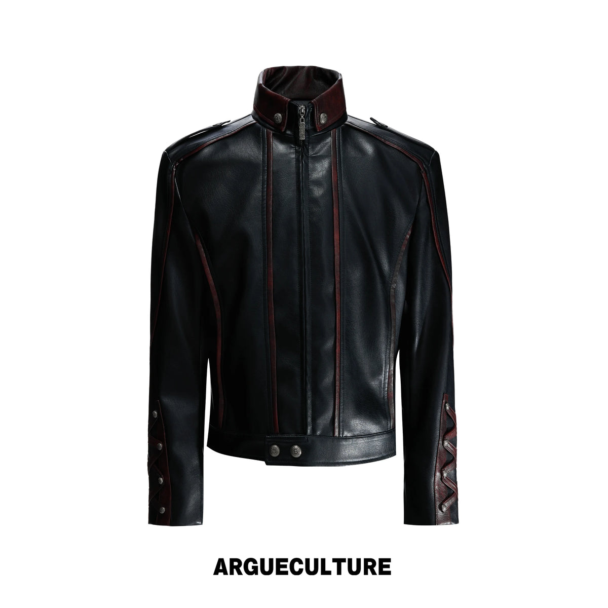 Cropped Faux-Leather Biker Jacket With Lace-Up Cuffs - Black