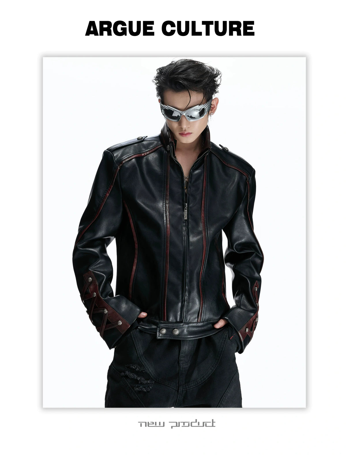 Cropped Faux-Leather Biker Jacket With Lace-Up Cuffs - detail image 13