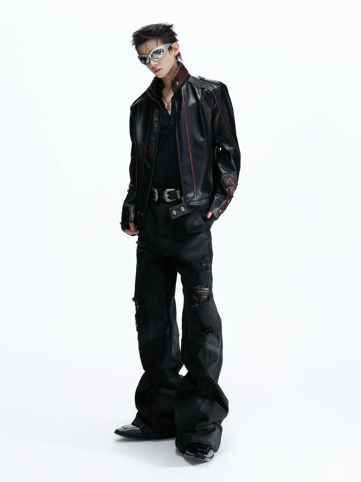 Cropped Faux-Leather Biker Jacket With Lace-Up Cuffs - main image 4