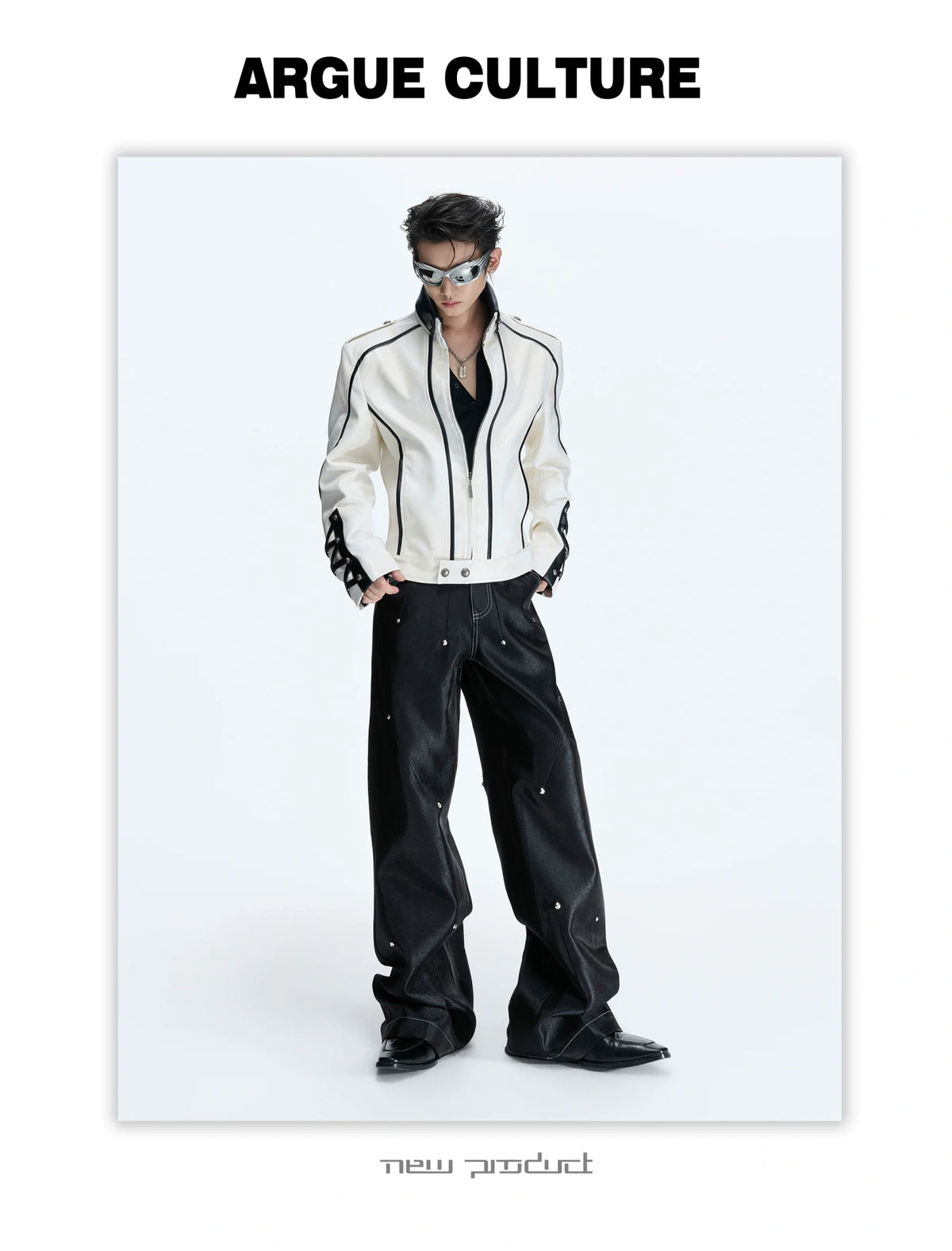 Cropped Faux-Leather Biker Jacket With Lace-Up Cuffs - detail image 7