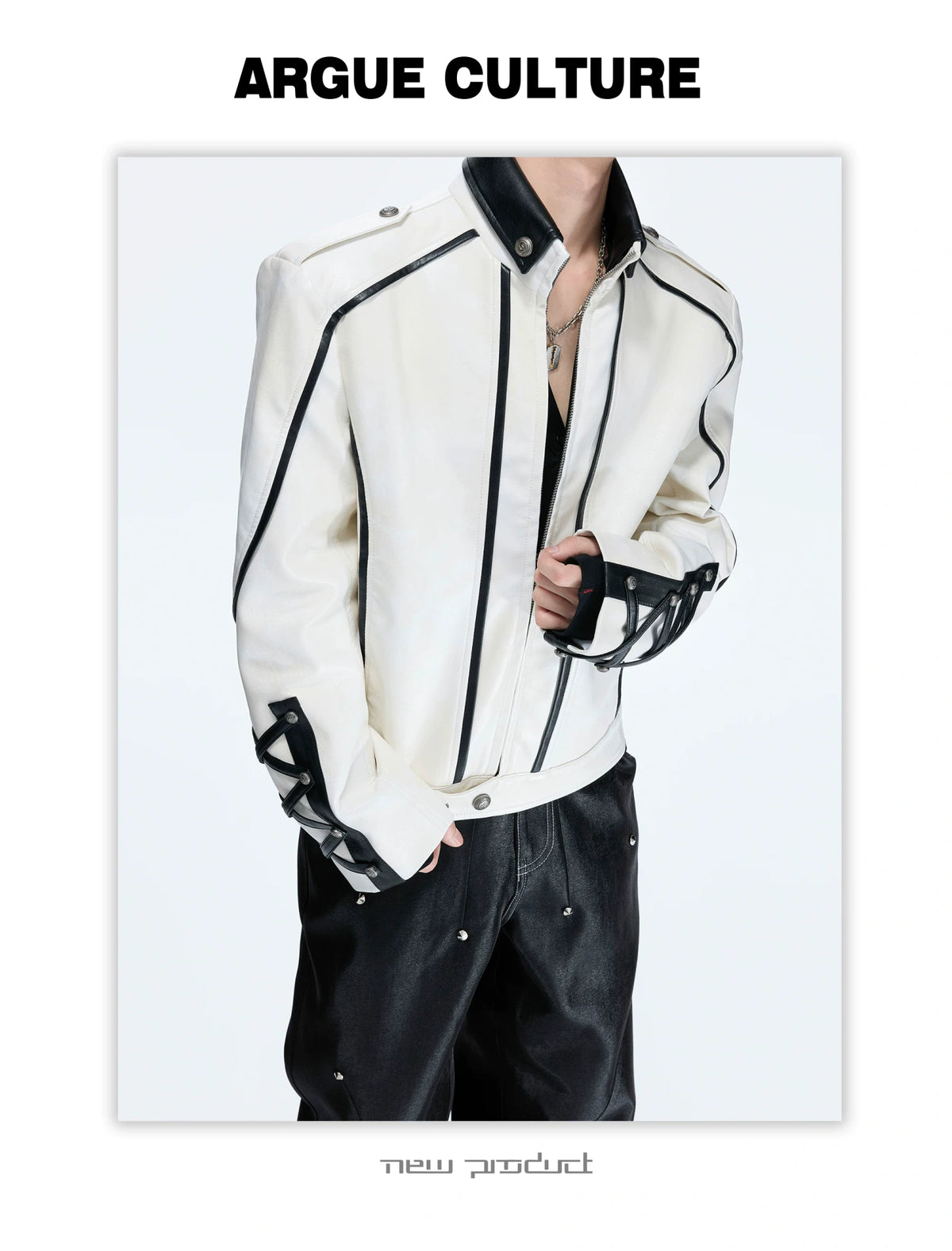 Cropped Faux-Leather Biker Jacket With Lace-Up Cuffs - detail image 8