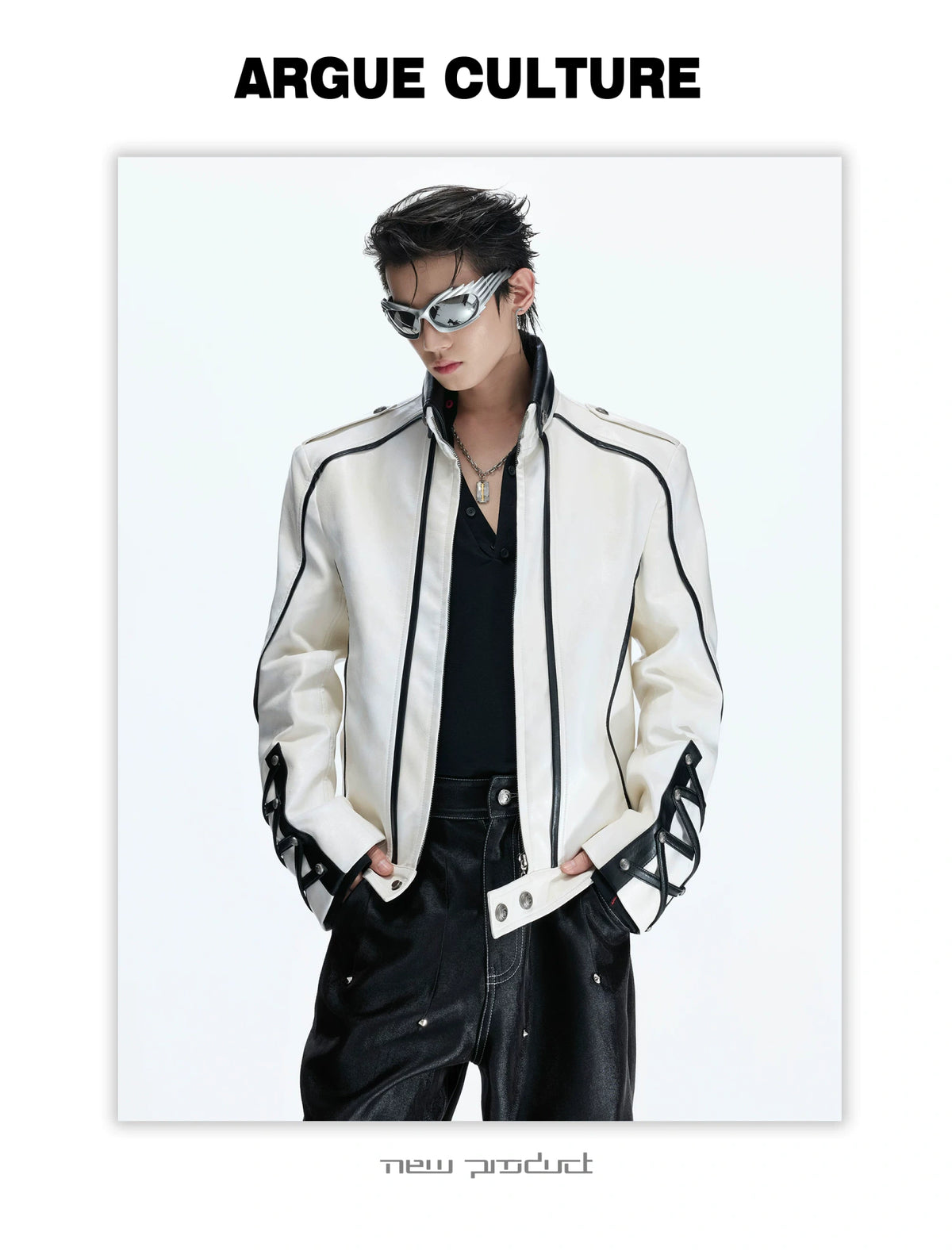Cropped Faux-Leather Biker Jacket With Lace-Up Cuffs - detail image 9